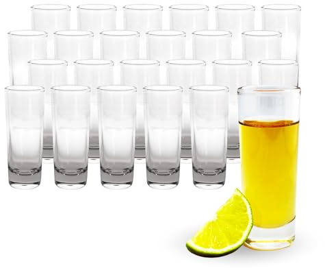 Producmar Set 24 Vasos de Chupito de Cristal Largos de 50ml - Aptos para Lavavajillas - Estables de Base Gruesa - Ideales para Fiestas y reuniones. Lote de 24 vasos tequileros largos transparentes