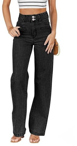 Sidefeel Jeans for Women Trendy High Waisted Stretchy Straight Leg Jeans Tummy Control Loose Ankle Denim Pants Black Size 14
