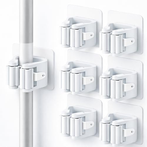 HKaizen Colgador de Escobas y Fregonas Adhesivo Pack de 6, Soporte Escobas Pared sin Taladro, Sujeta Escobas Blanco para Cocina, Baño, Lavadero y Garaje, 6 x 6 x 4,5 cm