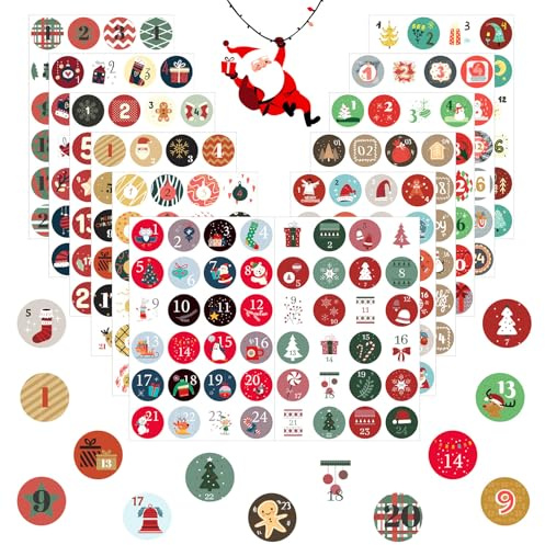 JAMSSOW 12 pièces Noël Calendrier de l'Avent Autocollants - 12 x 24 Autocollants Noël Nombre Calendrier - Chiffre Calendrier de l'avent -Autocollant Noël pour Bricolage, Diamètre 4,5 cm