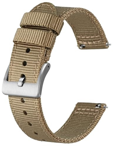 BISONSTRAP Cinturini in Nylon da Uomo, Cinturino per Orologi Militari, Sgancio Rapido, Fibbia Spazzolata, 20mm, Kaki (Fibbia Argento)