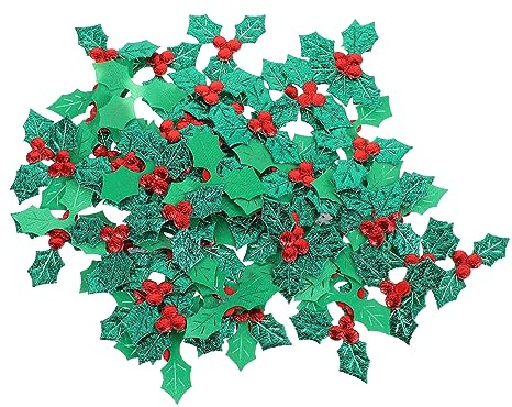 BUGUUYO 2 Juegos Accesorios De Bricolaje Hojas De Acebo De Navidad Pegatinas Decoración Hojas De De Navidad Palo De Acebo Coronas De Rojo Falso Green Paño 100 Uds * 2