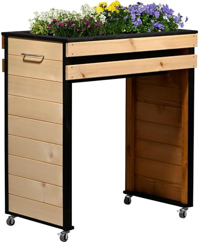dobar® Hochbeet Wheely Gr. M für Rollstuhlfahrer - Pflanzkasten aus Holz aus Rollen mit Pflanzkübel - Kräuterbeet für Indoor und Outdoor - Balkon-Hochbeet, Natur
