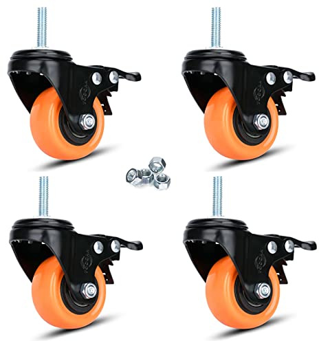 50 mm Schwerlastrollen Set mit Doppelsperre 4x Gewindestiel-Rollen M8x25mm (270 kg) PVC-Räder mit Bremse für Trolleys & Möbel