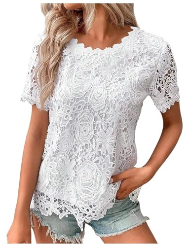 Generisch 2025 - Top de encaje para mujer, de ganchillo, cuello redondo, manga corta, a la moda, de verano, suelta, camiseta casual, coupé de dormir, Blanco, S