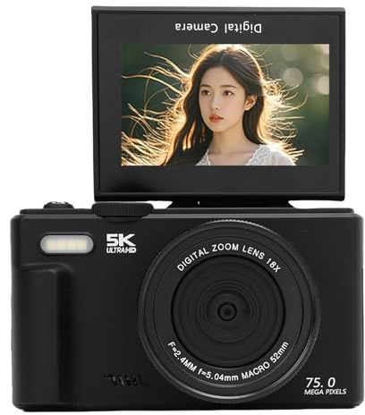 Annadue Fotocamera Digitale 5k per Fotografia, Fotocamera da Vlogging da 75 MP con Schermo di Lancio da 3 Pollici da 180 Gradi, Videocamera da Viaggio Compatta con Scheda di Memoria da (BLACK)