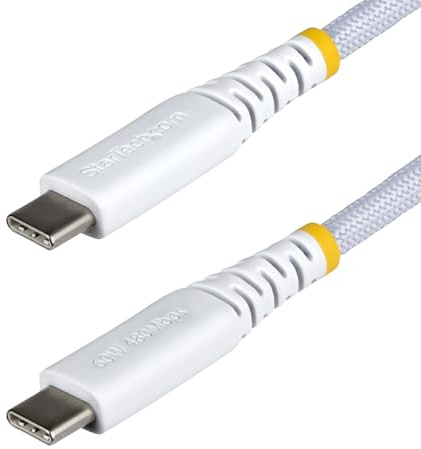StarTech Cable de Carga USB-C Trenzado 1m - Blanco (USB2CC1MNCBRWH) | Cubierta de doble capa con nailon trenzado sobre TPE, Conectores niquelados