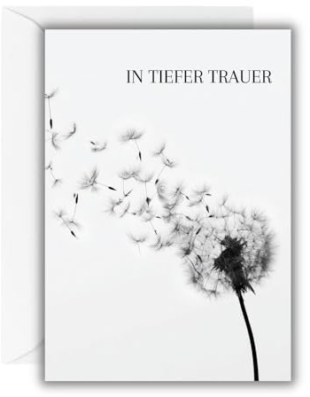 WBdesignz Beileidskarte „In tiefer Trauer“ mit weißem Umschlag – edle Trauerkarte mit Pusteblumenmotiv – Beerdigung – edle Kondolenzkarte für Anteilnahme, Erinnerung & persönliche Worte (DIN A6)