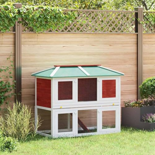 Mokuyary Kleintier-/Kaninchenstall 2 Etagen Rot Holz Kaninchenstall Hasenstall mit Rampe, Hasenkäfig Kleintierkäfig Kleintiergehege Hasenhaus, Hühnerstall Meerschweinchenstall für Garten