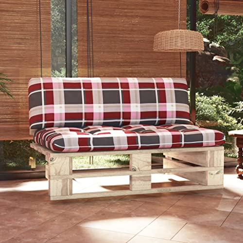mzdioop Outdoor-Mittelsofa aus imprägniertem Kiefernholz, Paletten Lounge-Sessel für Terrasse, Garten, Balkon, mit rotem Karokissen, 110x65x55 cm