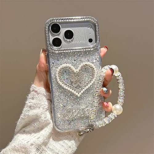 BEENTRYS Funda Glitter para Motorola Moto E13 Funda,Brillante Bonito Diseño Corazón Mariposa Strass Estético Niñas Mujeres Suave TPU Antigolpes Carcasa con Pulsera Perlas-Astilla