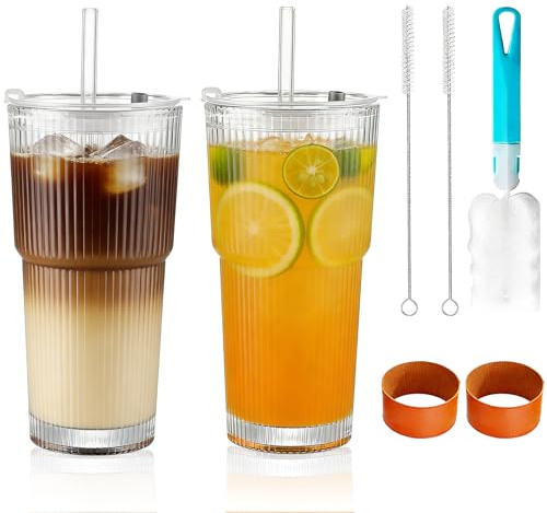 Forbabe 2 räfflade glasdrycksglas med lock, 600 ml