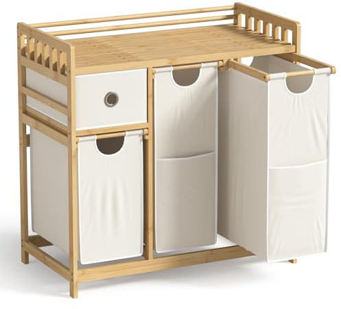Skokliz Wäschekorb 4 Fächer, Bambus, Wäschesammler 130 L, Wäschesortierer, mit Stoffboxen mit Ablage Wäschesack, Wäschesack, kleine seitliche Taschen, 78x 41 x 78 cm