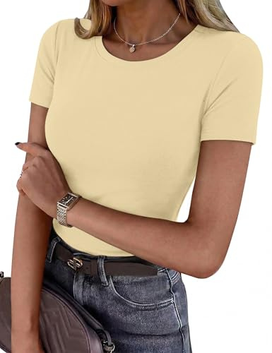 Totatuit Womens Short Sleeve Tops Summer Crew Neck T Shirts UK Basic Tee | Ladies Shirt Stretch Fitted Base Layers Casual Tunic Top Clothes 2026 Soft Round Neck Slim Fit Basic For Jeans Skirts