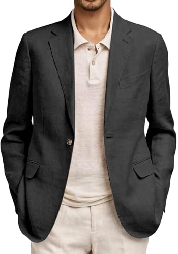 Linen Blazers for Men UK Causal Long Sleeve Lightweight Button Linen Jackets with Pocket Summer Solid Color Fit Suits Comfortable Breathable Business Coats Leisure Soft Plus Size Jacket