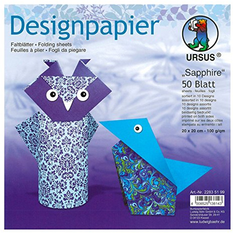 Ursus 22835199 - Designpapier Sapphire, 50 Blatt in 10 verschiedenen Motiven, ca. 20 x 20 cm, 100 g/qm, beidseitig Bedruckt, ideal zum Falten von kreativen Origami Tieren