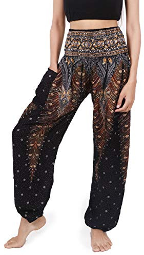 Banjamath Women's Smocked Waist Harem Hippie Boho Yoga Palazzo Casual Pants (M,Peacock Black)