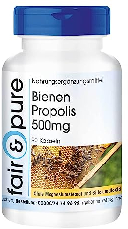 Fair & Pure Bienen Propolis 500mg, 90 Kapseln, natürliches Bienenharz, Nahrungsergänzungsmittel ohne Magnesiumstearat, in Deutschland hergestellt