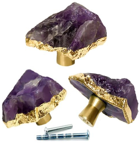 3 Stück Knäufe aus Natürlichem Amethyst, Möbelknöpfe Handgriffe Zieh Griffe mit Goldenem Rand, Violetter Kristallstein für Schränke Kommoden Möbel, mit Schrauben