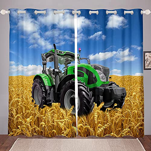 Loussiesd Traktor Fenstervorhang 137x117cm Kinder Jungs Jugendliche Weizenfeld Mähdrescher drucken Blickdichte Vorhänge Blau Grün Gold 100% Mikrofaser Vorhänge Bauernhöfe Traktor Jungs
