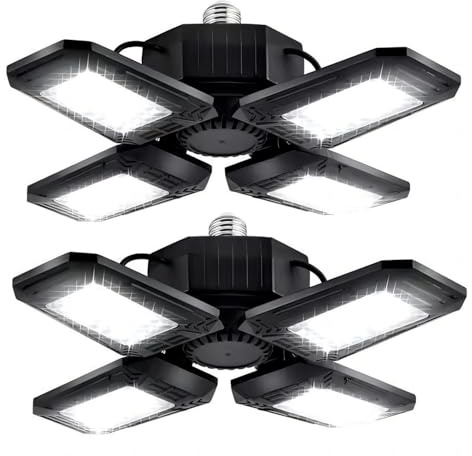 ANYPOWK Deformerbara LED-garagelampor - 1 2 000 lumen, dagsljus 6 500 K, 120 W, taklampa för garage med fyra blad, 2 st