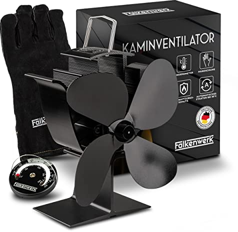 FALKENWERK Ofenventilator ohne Strom inkl. Kaminthermometer & Ofenhandschuh - Leiser Kaminventilator - Wärmebetriebener Ventilator für Kaminofen - Ofen Ventilator zur Wärmeverteilung