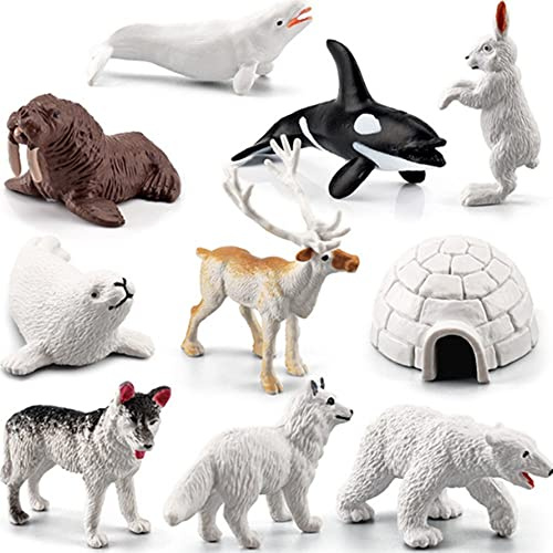 OUKEYI Mini Arctic Animals Figurines Set, 10pcs Mini Realistic Plastic Animal Toy, for Toddlers - Reindeer, White Whale, Polar Bear, Arctic Fox, Wolf Figure Toy for Kids Birthday Gift