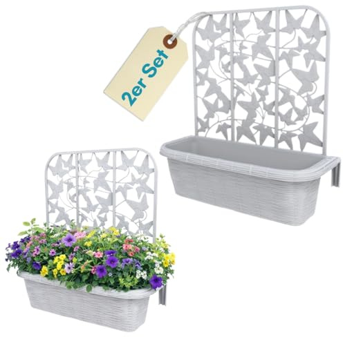 GarPet 2er Set Blumenkasten Balkon Balkonkasten mit Spalier Pflanzkasten mit Wasserspeicher Blumenkasten Geländer Kasten Balkongeländer Geländerkasten 60 cm Rattan Weiß