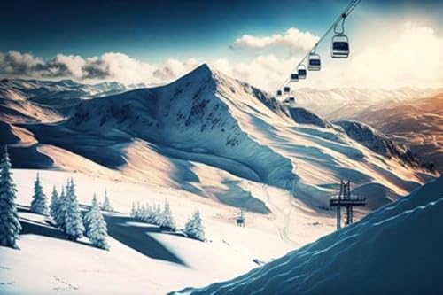 adrium Leinwand-Bild 120 x 80 cm: Skilift zum Skifahren vor dem Hintergrund der verschneiten Berglandschaft im Winter, generative ai (195347081)
