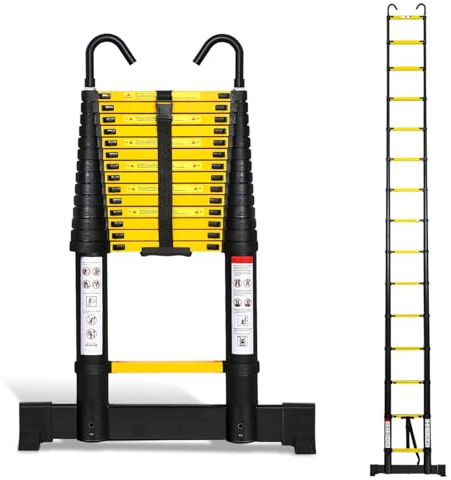 Ansobea Teleskopstege 4,4 m multifunktion teleskopdesign aluminium teleskopstege fingerskydd utdragbar stege teleskopstege trappa laststege med 2 krokar, gul