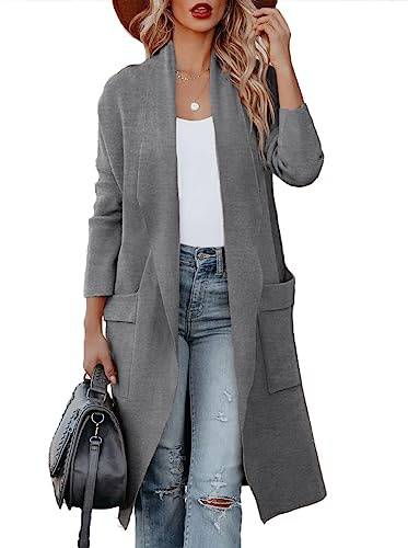 Uusollecy Strickjacke Damen Lang Herbst Drapiert Open Front Cardigan Warm Winter Strickmantel mit Taschen, Dunkelgrau M