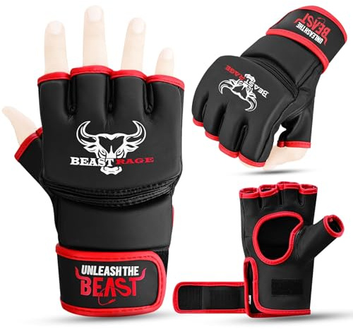 BEASTRAGE MMA Guantes para Hombres y Mujeres, Artes Marciales Mitones Grappling Sparring, Palma ventilada, Cuero Vegano, Cage Fighting, Muay Thai, Kick Boxing (M, Rojo)