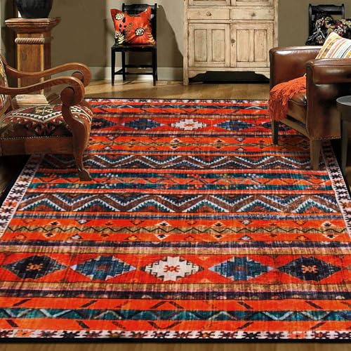 WAHIKASKI Teppich Vintage 80 x 160 cm Kurzflor Teppich, Geometrie-Streifendesign, Tiefes Orangegelb, Waschbar, Super Soft, FüR Schlafzimmer Esszimmer KüChe Eingangsbereich.