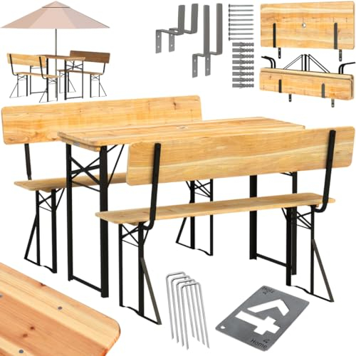 holz4home® Bierzeltgarnitur 3-teilig aus Holz mit Lehne I Bierbankgarnitur mit Tisch und 2 Bänken I Festzeltgarnitur mit Wandhalterung & Bodenheringe I Sitzgarnitur inkl. Flaschenöffner