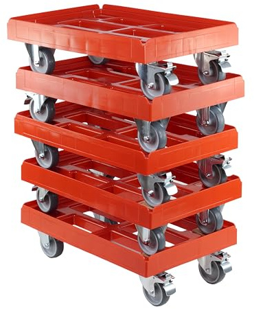 5 Stück Transportroller für Kisten 60 x 40 cm mit 2 Bockrollen und 2 Bremsen in rot