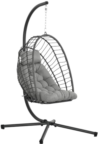 Outsunny PE Hanging Swing Chair w/Thick Cushion, Patio Hanging Chair, Grey. | Foldable Basket, Cushion, Metal Stand, Headrest, Indoor Outdoor Use