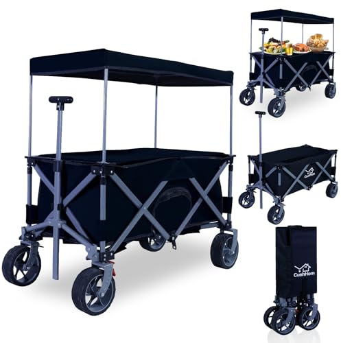 CCLIFE Carrello da Giardino Pieghevole con Freni Maniglia Telescopica Tettuccio e Tavolo 80kg Carrello Portapacchi Pneumatico Largo Nero