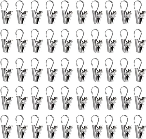 SHSHbuy 50 Pièces Pinces à Rideaux en Métal,33mm Métal Rideau Clips avec Crochet Anneaux à Pince,Clips de Rideaux Acier Inoxydable pour Salle de Bains, Décoration de la Maison(Argent)