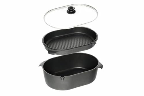 AMT Gastroguss 3er-Set Bräter, bestehend aus Bräter, Gußbräterdeckel mit Grillboden & Glasdeckel, 32 x 22 cm, induktionsgeeignet, Lotan® Antihaft-Veredelung, Gusspfanne (Aluguss), AMZN-I-3222-Set