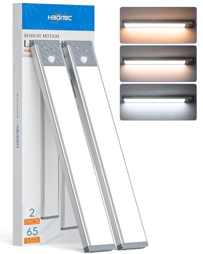 HIBOITEC Luz Armario Sensor Movimiento, 2500mAh Recargable Luces Armarios con Sensor Sin Cable, Regulable Luz Cocina Bajo Mueble para Cocina, Armario, Pasillo, Gabinete (3 Color Temperaturas, 33,5CM)