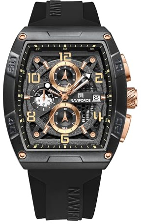 NAVIFORCE Waterproof Chronograph Sport Rectangle Watch for Men, with Auto Date Women Quartz Wrist Watches, Colorful Silicone Band (Black Gold)