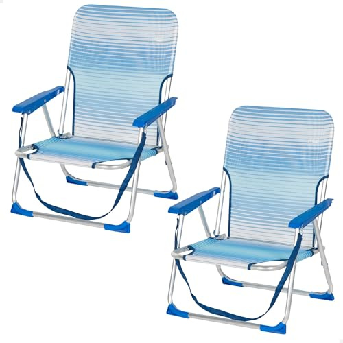 AKTIVE Lot de 2 chaises de Plage Pliantes, 44 x 40x 72 cm, Bleu à Rayures, Hauteur Assise 23 cm, Structure Aluminium, Tissu textilène, butées Anti-retournement, poignée d'épaule, supporte 110 kg,