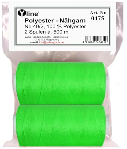 Yline - 1000 m (2 Spulen) Nähgarn für Nähmaschine, Nähfaden Polyester, Syngarn Allesnäher, 0475-12 (neon - grün)