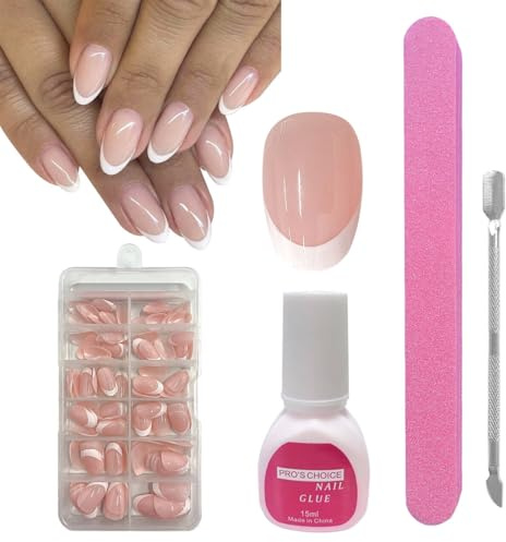 ZAHRVIA French False Nails -Press On Nails Short Round - Fake Nail White Tip French False Nail Kit - Full Cover Stick on Nail Art Manicure Decorations (Short Ellipses)