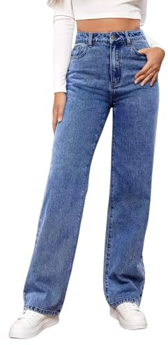 Pojkvän jeans med hög midja, stretchiga raka ben jeans för kvinnor trendiga klassiska denim jeans, BLÅ, S