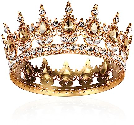 Crown Girls Women Full Round Bridal Tiara Crystal Queen Crown Baroque Tiara Sparkly Gold Rhinestone Princess Costume Wedding Prom Birthday Pageant Party Cake Topper Carnival Headdress