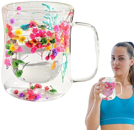 Generico Tazza in vetro a doppia parete, tazze in vetro con fiori secchi Tazze trasparenti, Tazze da tè in vetro con fiori da 370 ml, Tazze per caffè espresso a doppia parete