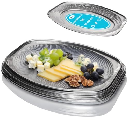 Enpack Alu Servierplatte 43 x 29 cm - ovaler einweg Teller - große Tortenplatte für Catering, Party oder andere Veranstaltungen - Aufschnittplatte (43 x 29cm, 50, stück)