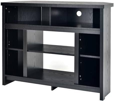 Moderno soporte de TV con estantes ajustables para televisores de hasta 48 pulgadas, centro de entretenimiento de esquina de madera negra con gestión de cables, elegante consola multimedia para sala