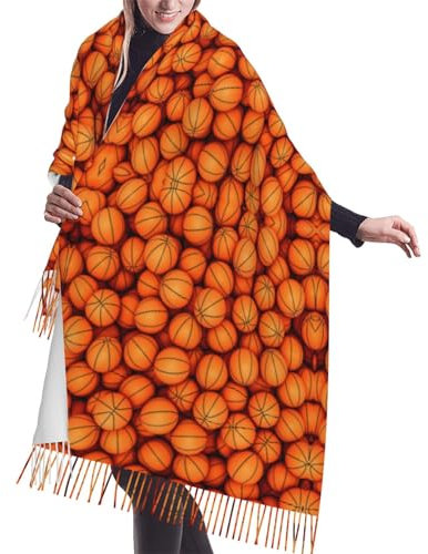 TietYaer Damenschal mit Basketball-Aufdruck, orangefarbener Druck, warmer Winterschal, großer weicher Schal, Kaschmirschal, Fransenschal, Basketball, Orange, EinheitsgröÃŸe